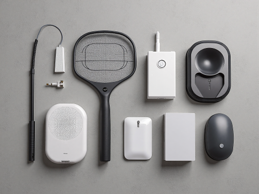 Branded electronic gift items including power banks and fans with company logos, arranged on a table