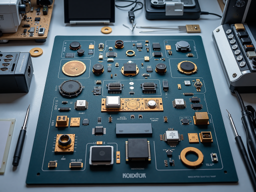 Various custom electronic components and circuits on a workbench, showing different PCB designs