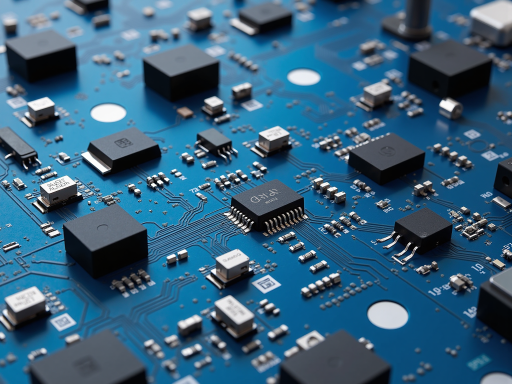 Electronic IC chips and components on a blue anti-static mat, close-up view