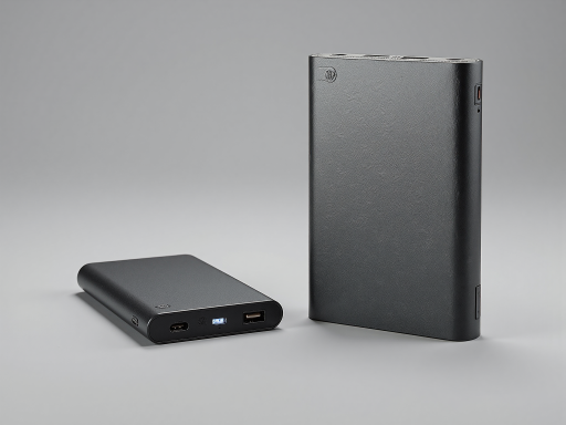 Modern portable power bank with multiple USB ports, sleek black design, placed on a white surface