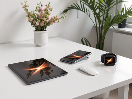 Electronic products showcase including power banks, fans, wireless chargers and custom electronics on a modern desk