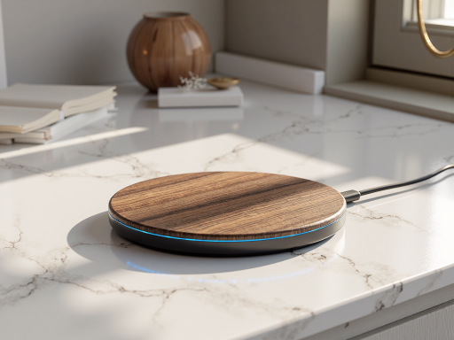 Wireless charging pad with LED indicator, minimalist design, placed on wooden surface